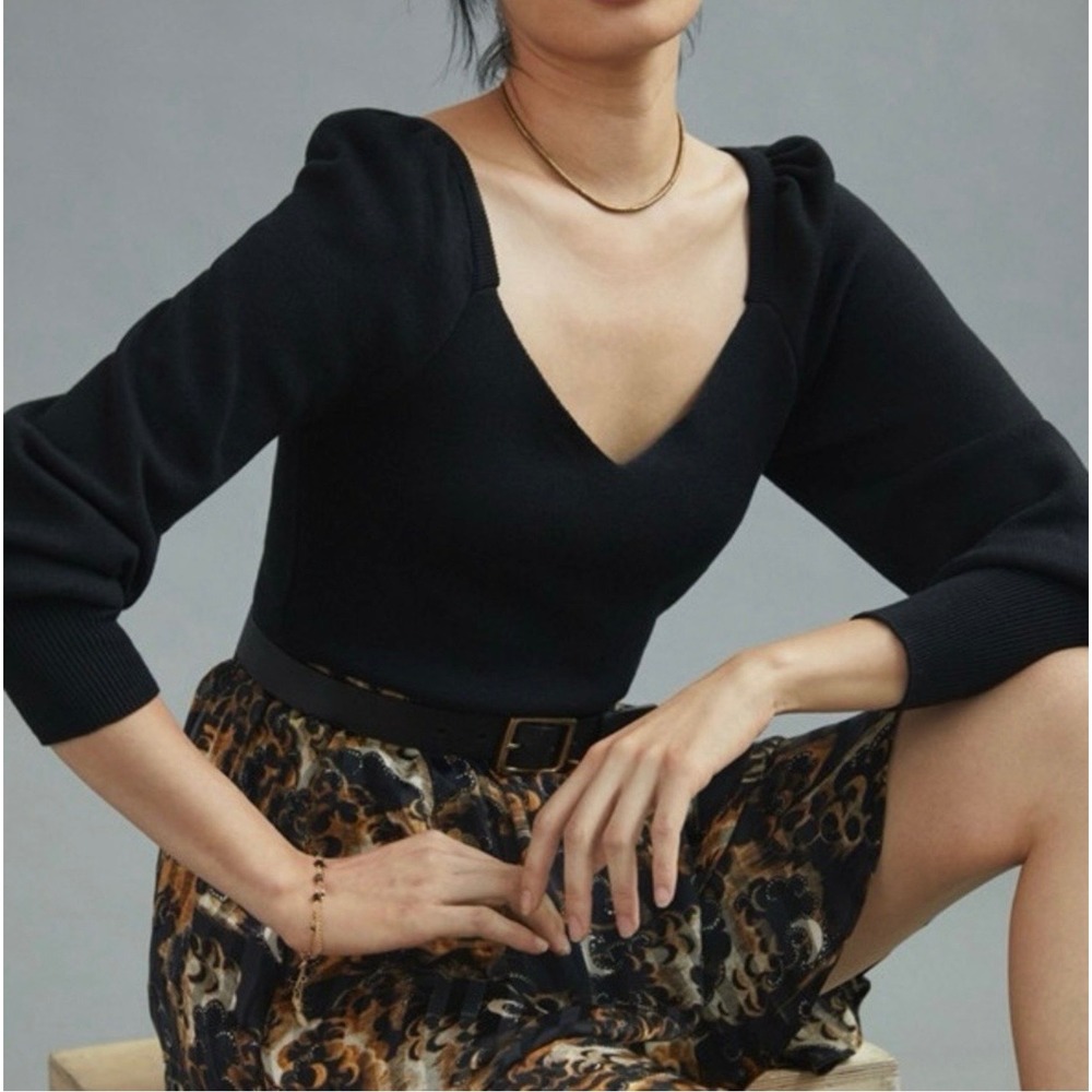 Anthropologie Black Sweetheart Neck Puff Sleeve Knit Sweater Top XS